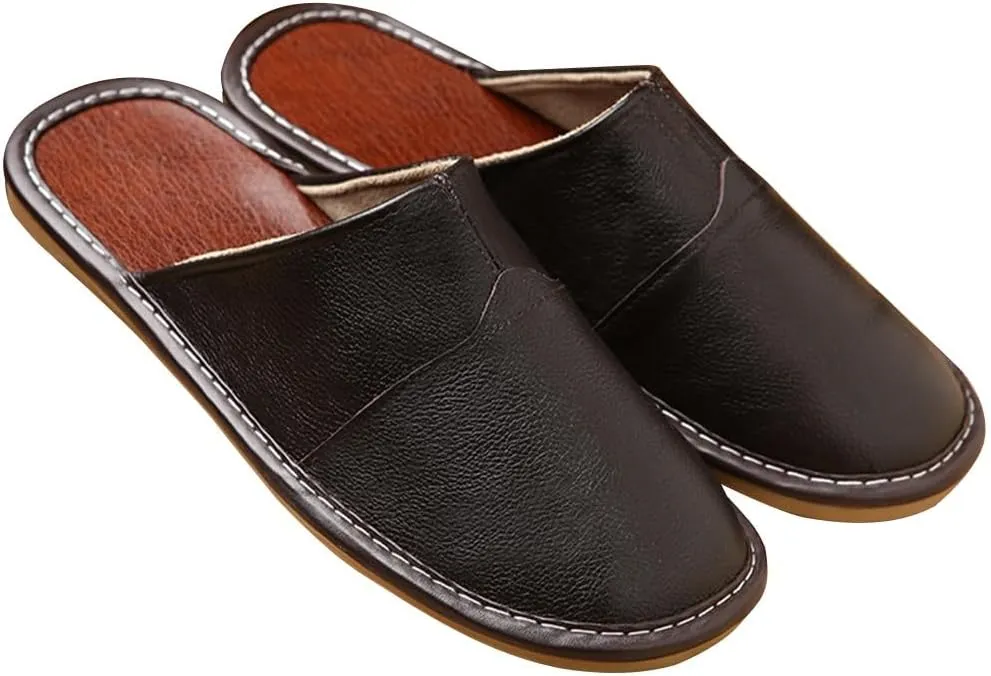 XUEMML Leather Slippers For Men And Women Indoor Outdoor Flat Slide Sandals House Slip-on Shoes For Office Home Bedroom Living Room Guests Visitor