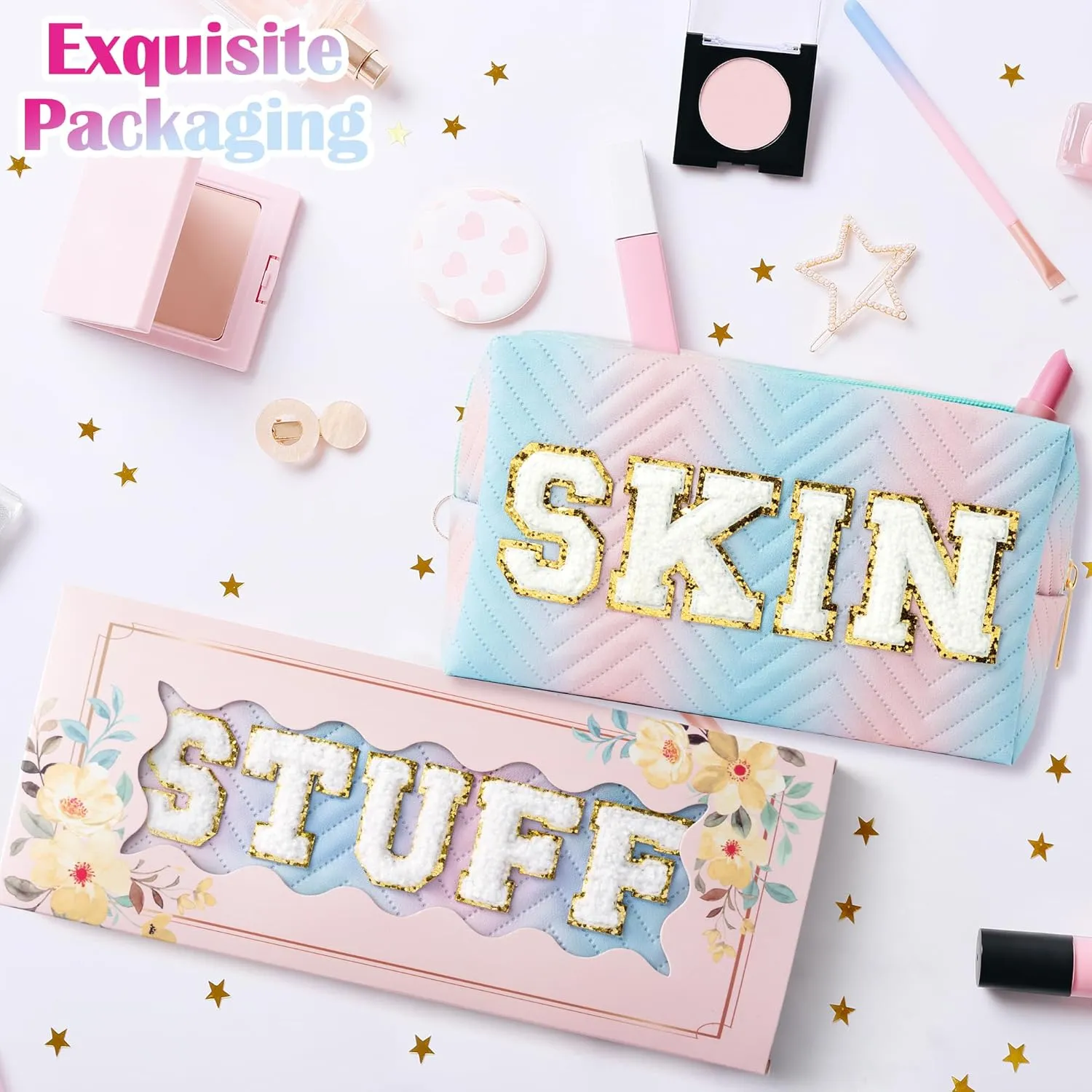 Y1tvei Preppy Patch SKIN STUFF Chenille Letter Blue Pink Gradient Makeup Bag Colorful Leather Waterproof Portable Fantasy Cosmetic Pouch Travel Toiletry Bag Carry On Zipper Organizer Gifts for Women