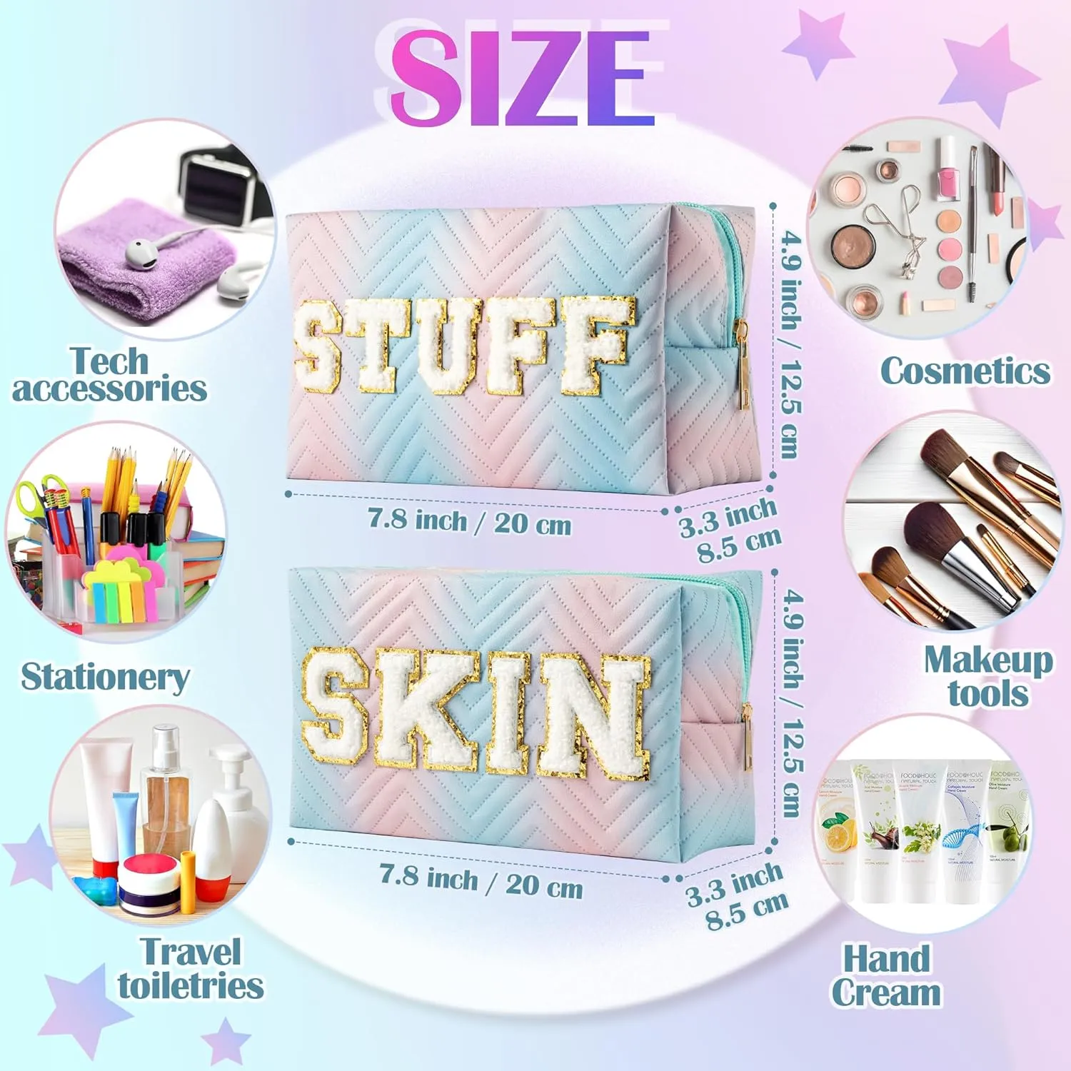 Y1tvei Preppy Patch SKIN STUFF Chenille Letter Blue Pink Gradient Makeup Bag Colorful Leather Waterproof Portable Fantasy Cosmetic Pouch Travel Toiletry Bag Carry On Zipper Organizer Gifts for Women