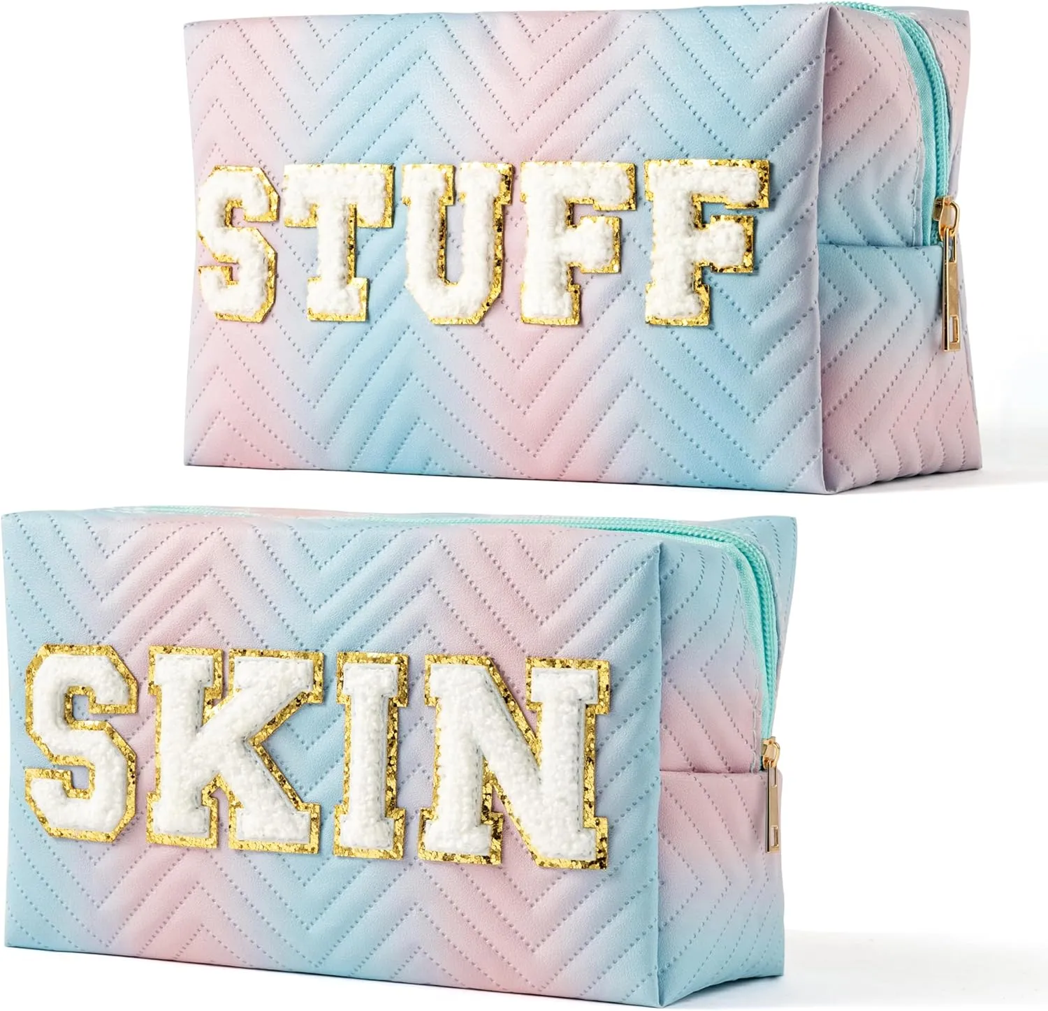 Y1tvei Preppy Patch SKIN STUFF Chenille Letter Blue Pink Gradient Makeup Bag Colorful Leather Waterproof Portable Fantasy Cosmetic Pouch Travel Toiletry Bag Carry On Zipper Organizer Gifts for Women