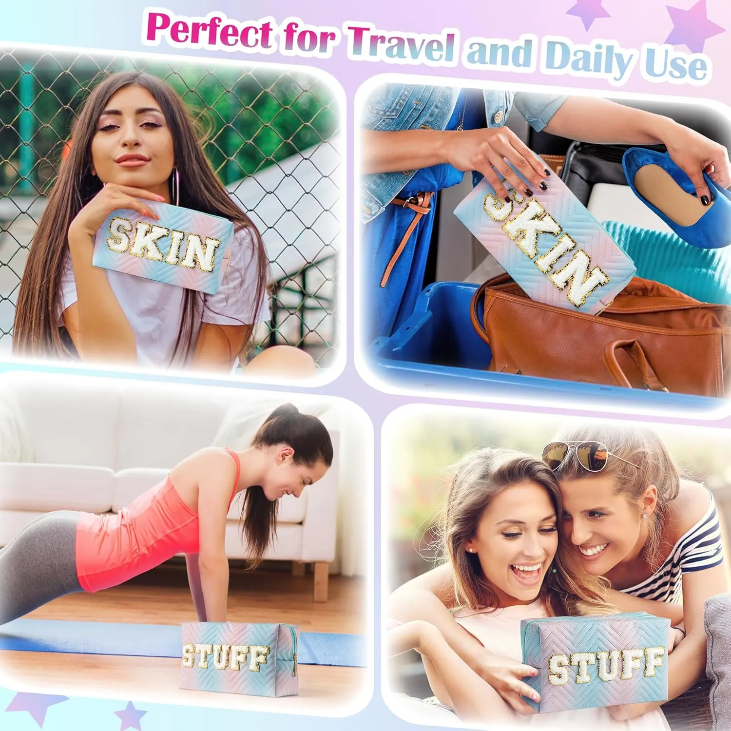 Y1tvei Preppy Patch SKIN STUFF Chenille Letter Blue Pink Gradient Makeup Bag Colorful Leather Waterproof Portable Fantasy Cosmetic Pouch Travel Toiletry Bag Carry On Zipper Organizer Gifts for Women
