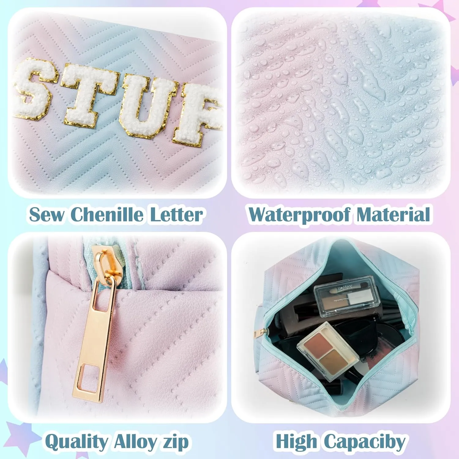 Y1tvei Preppy Patch SKIN STUFF Chenille Letter Blue Pink Gradient Makeup Bag Colorful Leather Waterproof Portable Fantasy Cosmetic Pouch Travel Toiletry Bag Carry On Zipper Organizer Gifts for Women