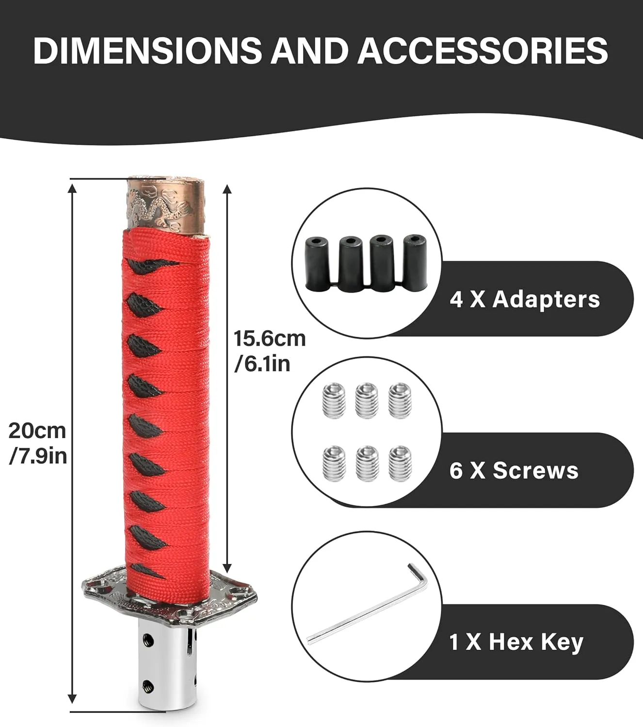 YAKEFLY Universal Katana Gear Shifter,Gear Shift Knob Sword Shift Knobs,Katana Shift Knob Samurai Sword Gear Shifter with 4 Adapters,Katana Samural Shift Gear Lever (Red&Black)