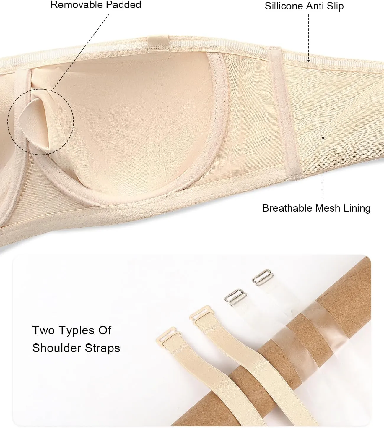 YANDW Strapless Bras for Women Plus Size Non-Slip Padded Bandeau Bra with Clear Straps Multiway Seamless Brassiere