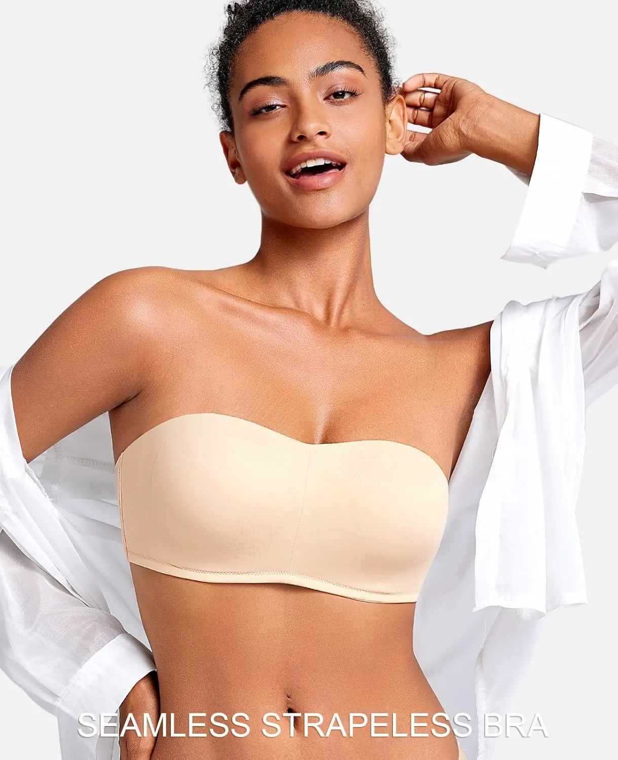 YANDW Strapless Bras for Women Plus Size Non-Slip Padded Bandeau Bra with Clear Straps Multiway Seamless Brassiere