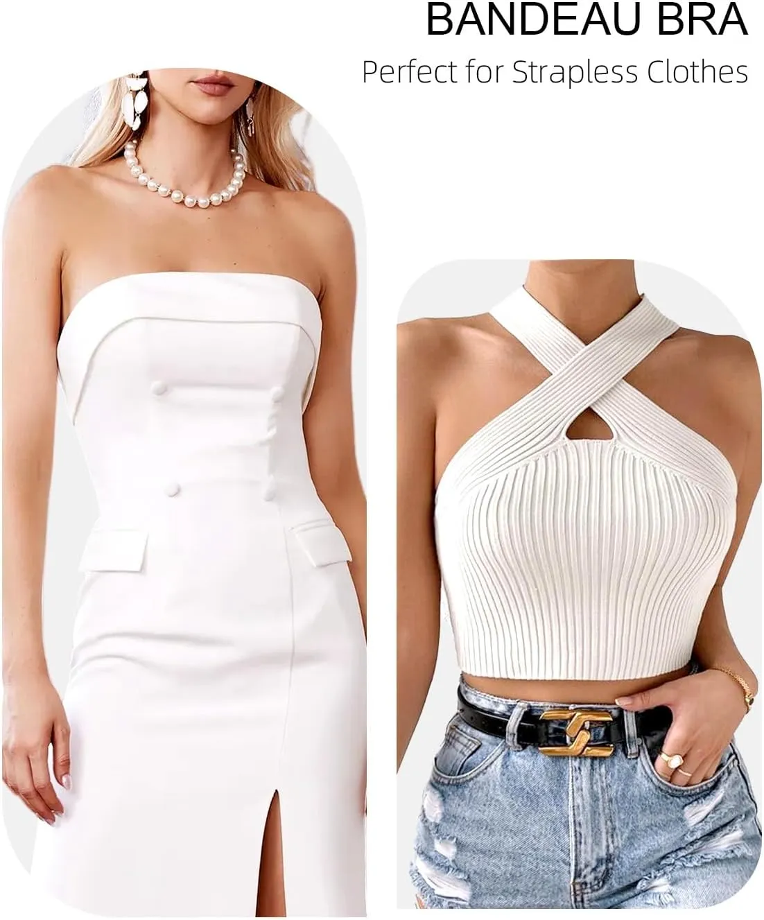 YANDW Strapless Bras for Women Plus Size Non-Slip Padded Bandeau Bra with Clear Straps Multiway Seamless Brassiere