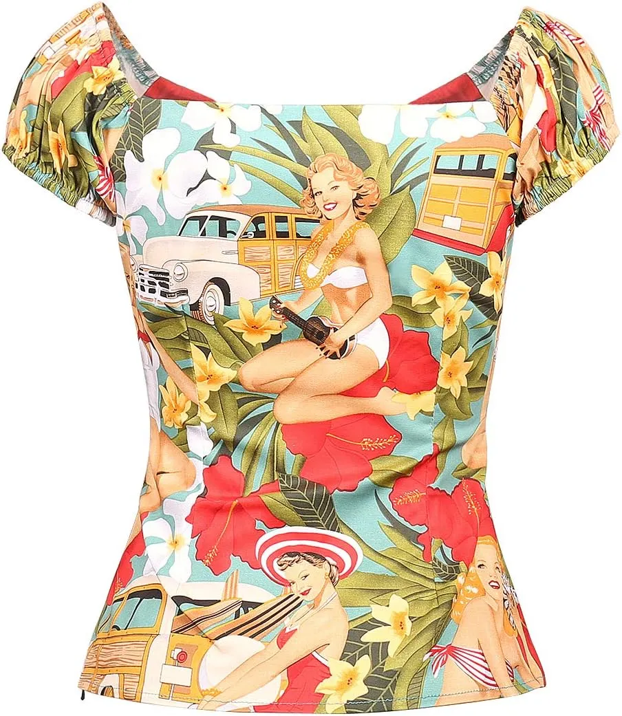 YARN & INK Women's Rockabilly Tops 1950s Pinup Shirt Casual Off Shoulder Vintage Blouse