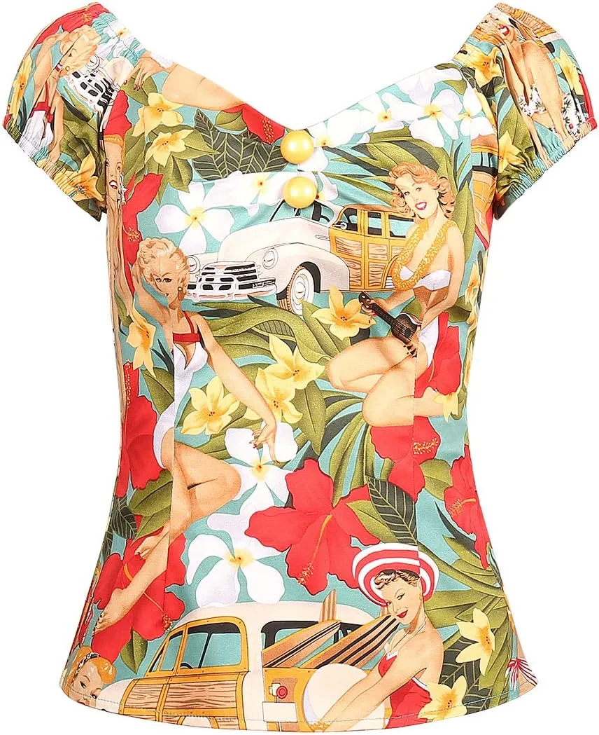 YARN & INK Women's Rockabilly Tops 1950s Pinup Shirt Casual Off Shoulder Vintage Blouse