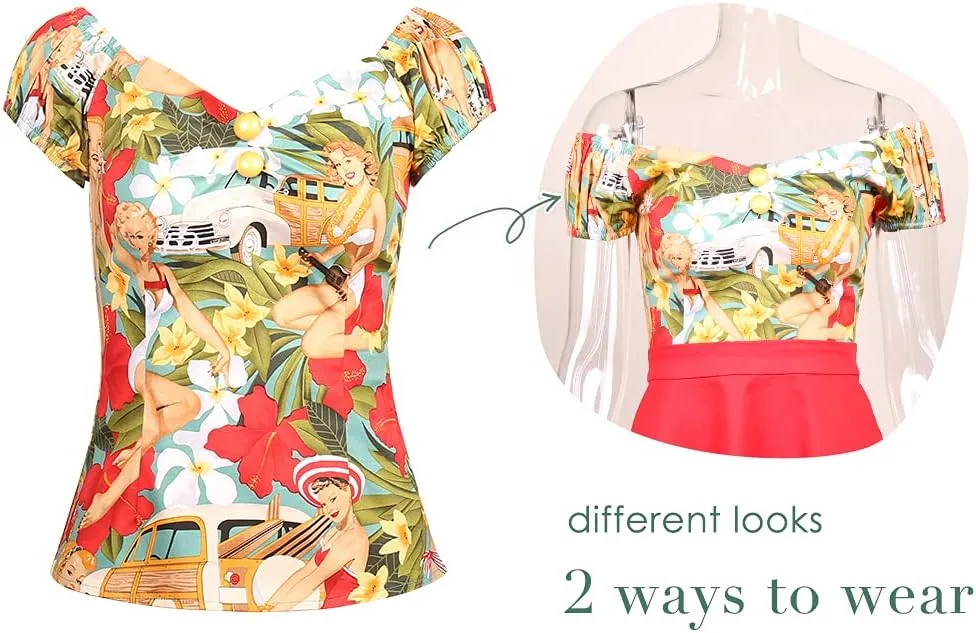 YARN & INK Women's Rockabilly Tops 1950s Pinup Shirt Casual Off Shoulder Vintage Blouse