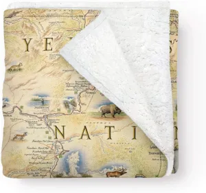 Yellowstone National Park Map Fleece Blanket - - Hand-Drawn Original Art - Soft, Cozy, and Warm Throw Blanket for Couch - Unique Gift - 58"x 50"
