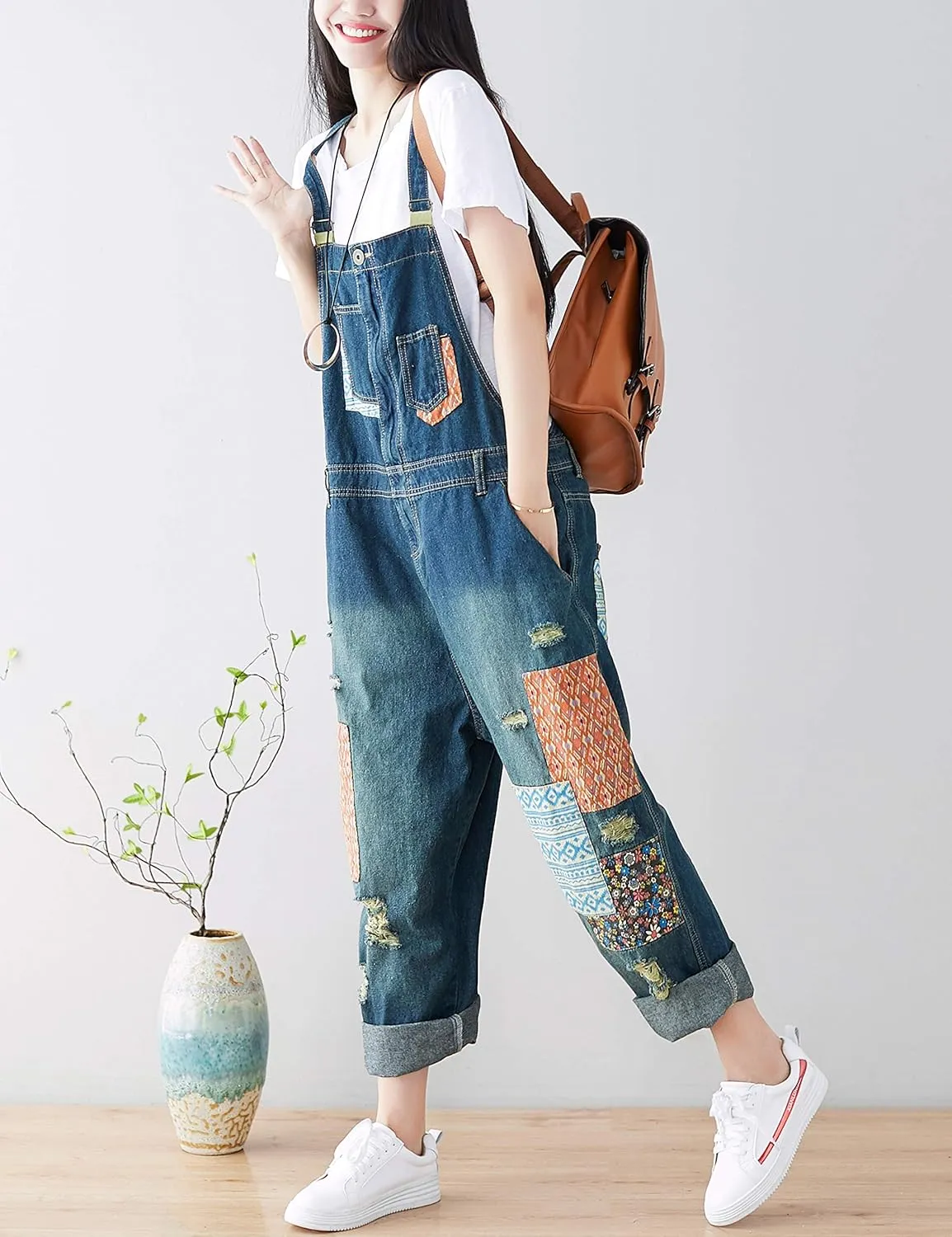 Yeokou Women's Loose Baggy Denim Wide Leg Drop Crotch Jumpsuit Rompers Overalls