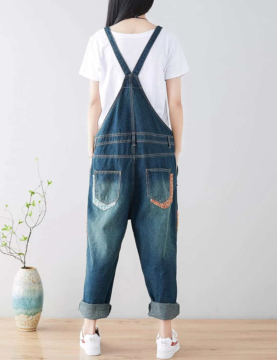 Yeokou Women's Loose Baggy Denim Wide Leg Drop Crotch Jumpsuit Rompers Overalls