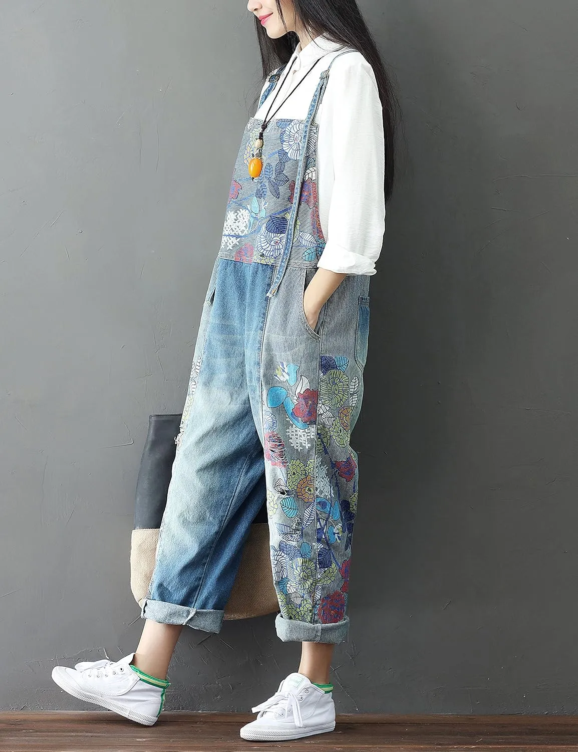 Yeokou Women's Loose Baggy Denim Wide Leg Drop Crotch Jumpsuit Rompers Overalls