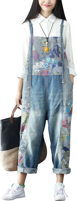 Yeokou Women's Loose Baggy Denim Wide Leg Drop Crotch Jumpsuit Rompers Overalls