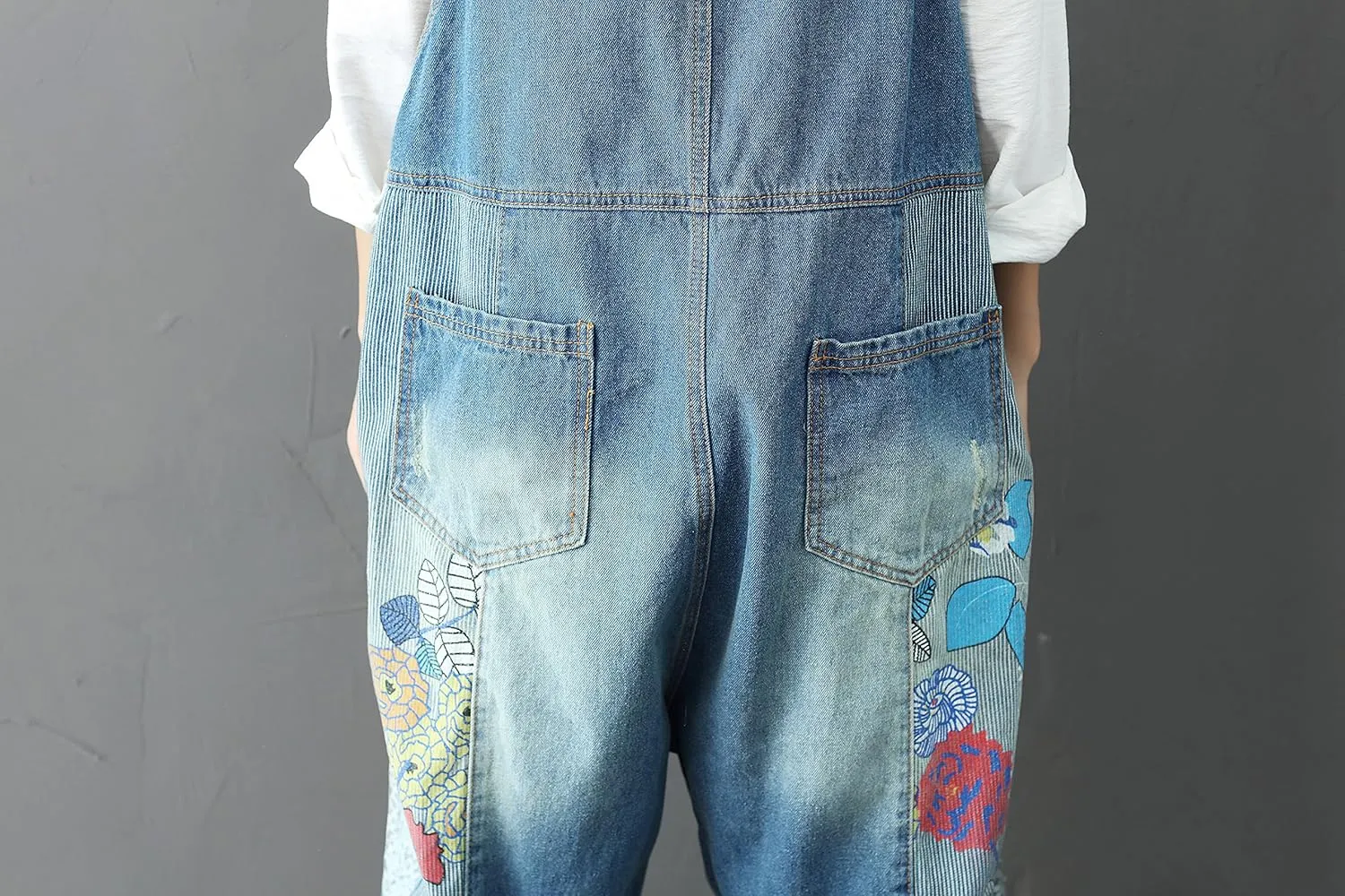 Yeokou Women's Loose Baggy Denim Wide Leg Drop Crotch Jumpsuit Rompers Overalls