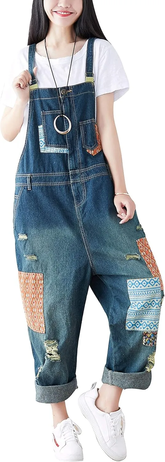Yeokou Women's Loose Baggy Denim Wide Leg Drop Crotch Jumpsuit Rompers Overalls