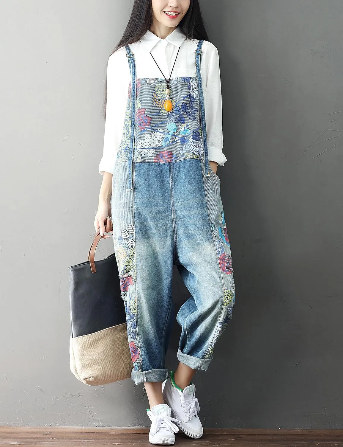 Yeokou Women's Loose Baggy Denim Wide Leg Drop Crotch Jumpsuit Rompers Overalls
