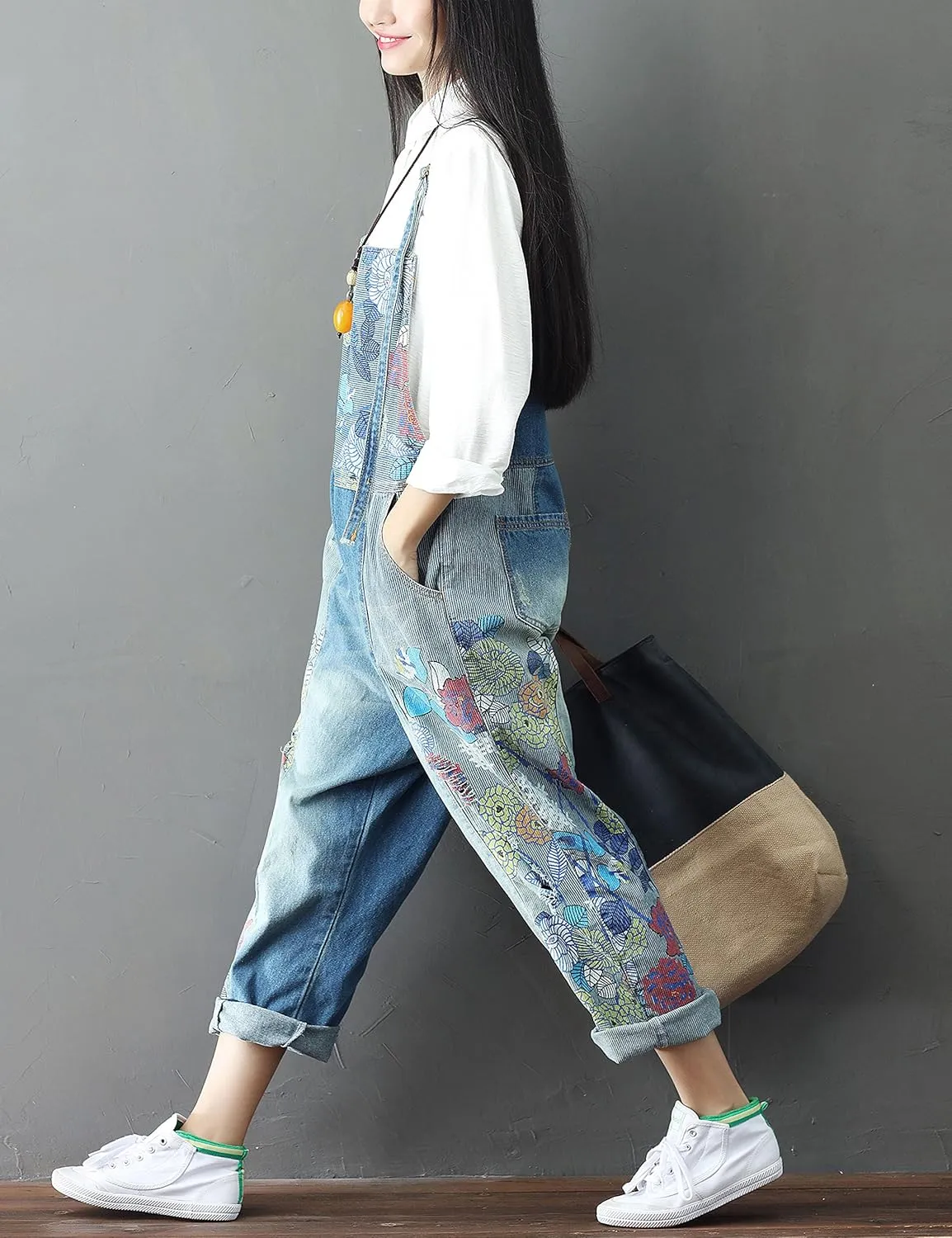 Yeokou Women's Loose Baggy Denim Wide Leg Drop Crotch Jumpsuit Rompers Overalls