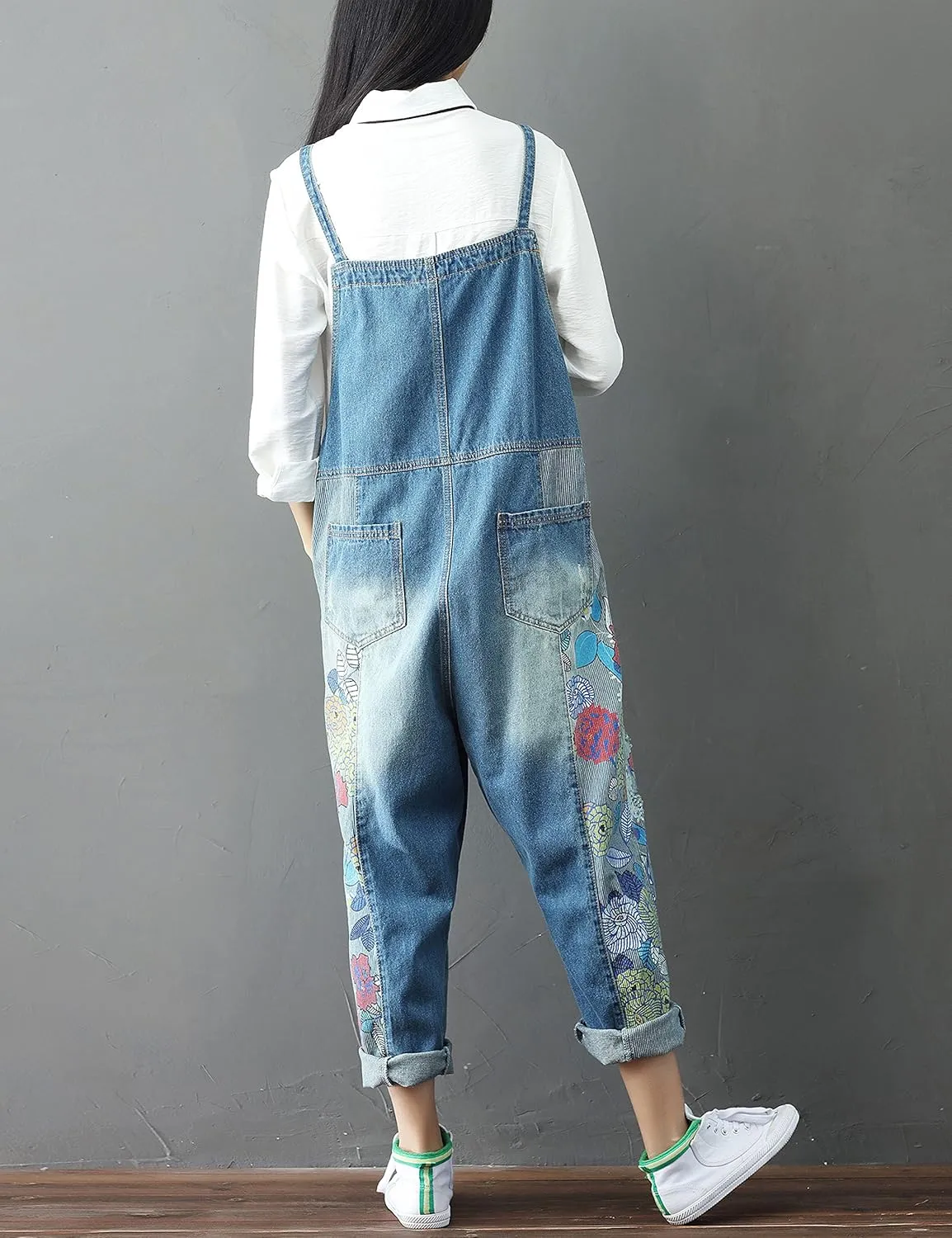 Yeokou Women's Loose Baggy Denim Wide Leg Drop Crotch Jumpsuit Rompers Overalls