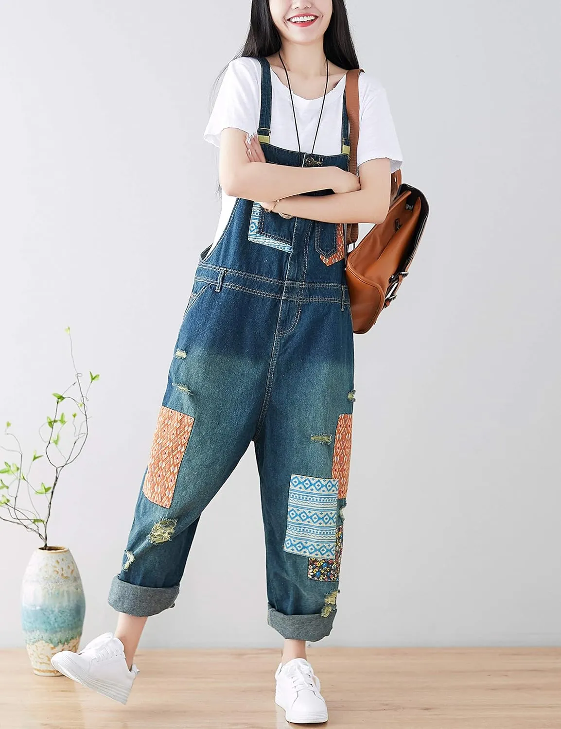 Yeokou Women's Loose Baggy Denim Wide Leg Drop Crotch Jumpsuit Rompers Overalls