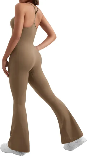 YEOREO One Piece Jumpsuit for Women 31" Inseam Vais Sleeveless Sexy Y Back Bodycon Flare Leg Full Length Romper Playsuits