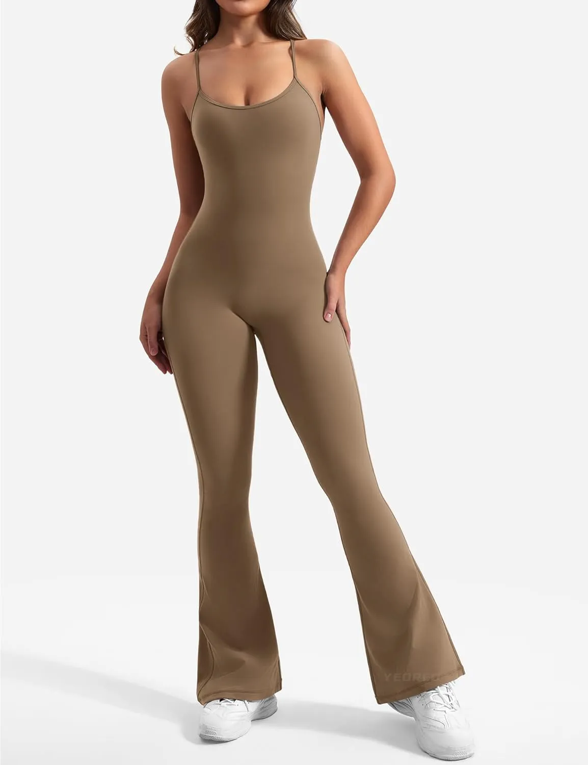 YEOREO One Piece Jumpsuit for Women 31" Inseam Vais Sleeveless Sexy Y Back Bodycon Flare Leg Full Length Romper Playsuits