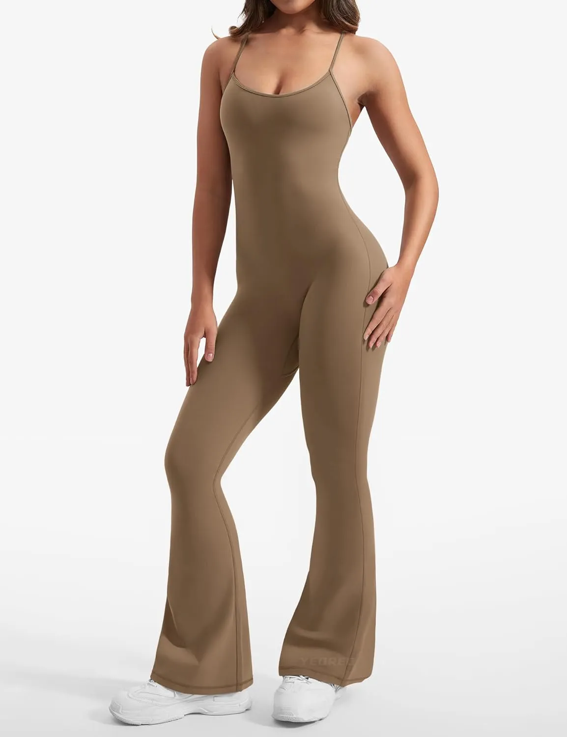 YEOREO One Piece Jumpsuit for Women 31" Inseam Vais Sleeveless Sexy Y Back Bodycon Flare Leg Full Length Romper Playsuits