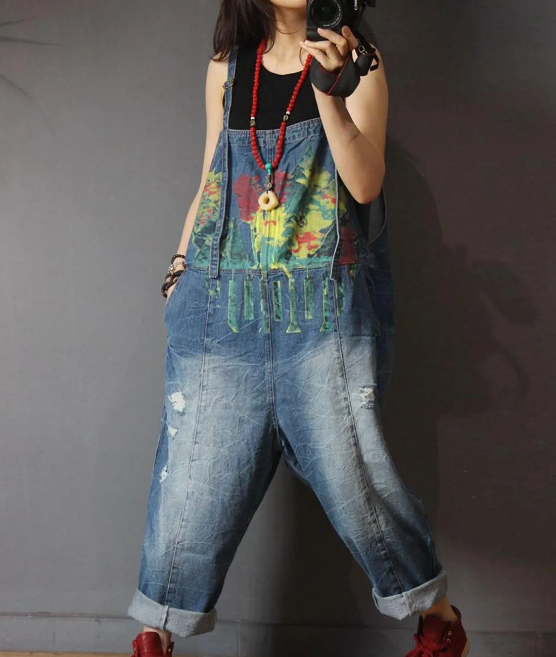 YESNO P60 Women Jeans Cropped Pants Overalls Jumpsuits Hand Painted Poled Distressed Casual Loose Fit