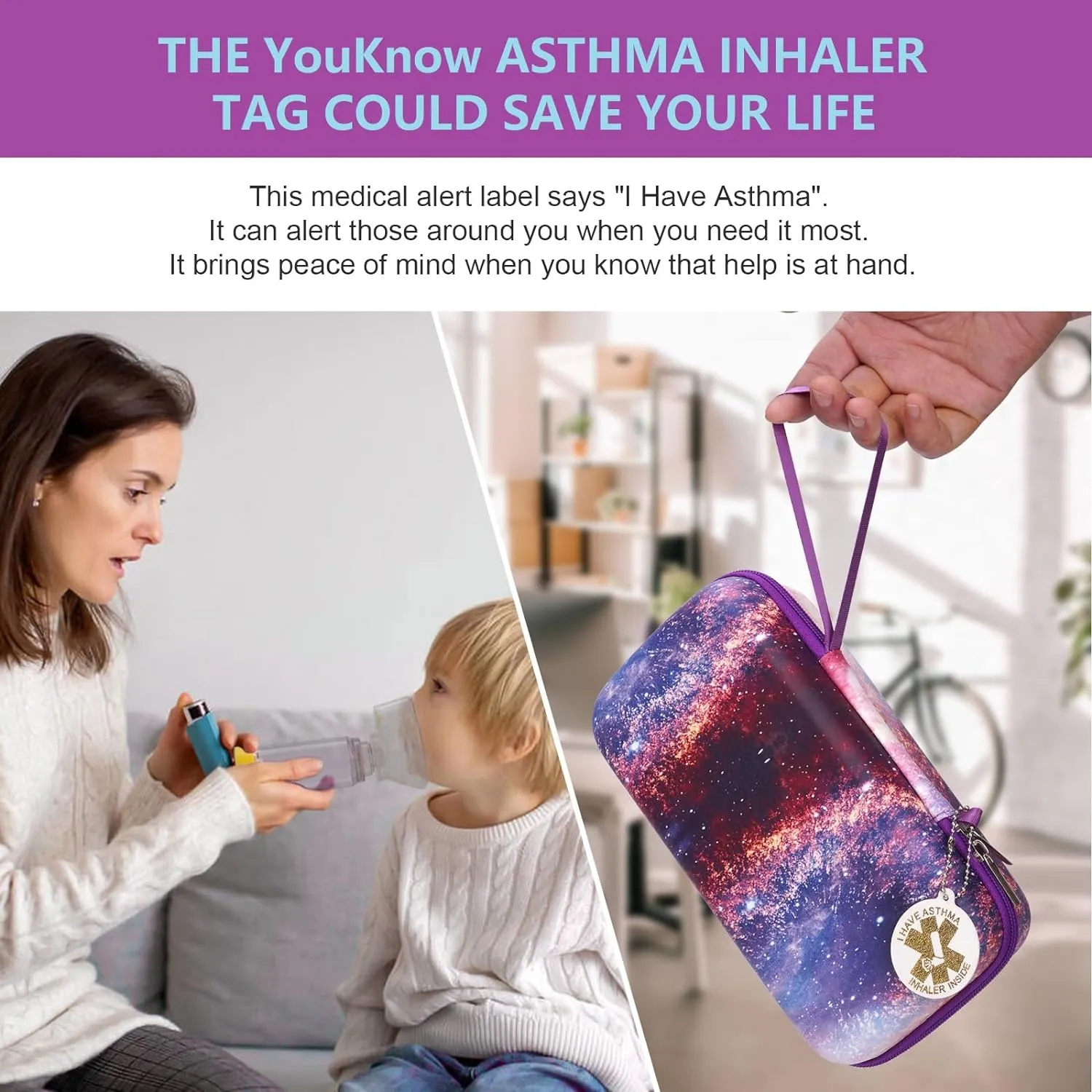 YouKnow Travel Carrying Case for Asthma Inhaler, Inhaler Spacer for Adults and Children, Mask, Inhaler Holder with Asthma Warning Label and Medical Card, with Carabiner (Case Only) (Galaxy)