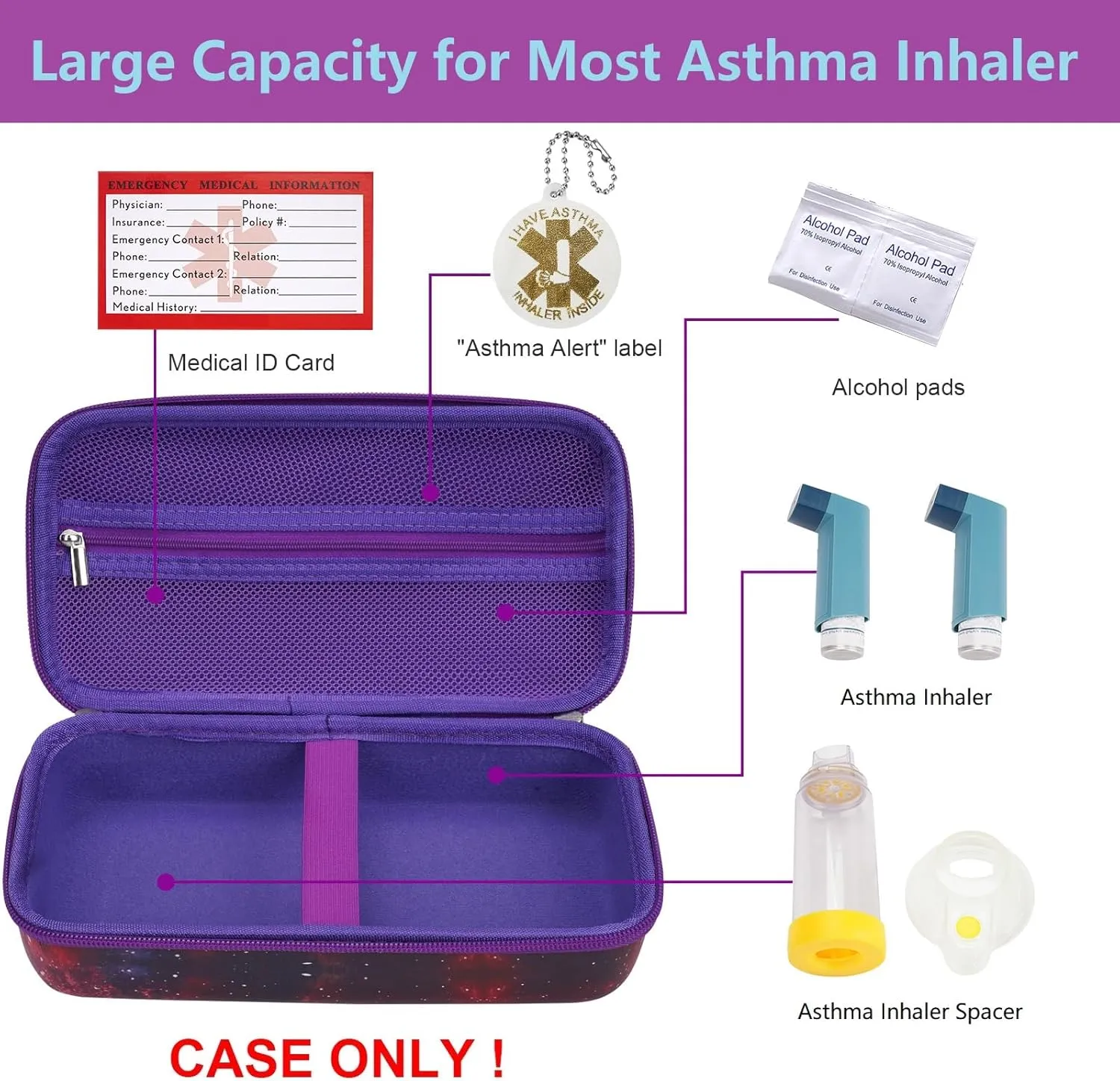 YouKnow Travel Carrying Case for Asthma Inhaler, Inhaler Spacer for Adults and Children, Mask, Inhaler Holder with Asthma Warning Label and Medical Card, with Carabiner (Case Only) (Galaxy)
