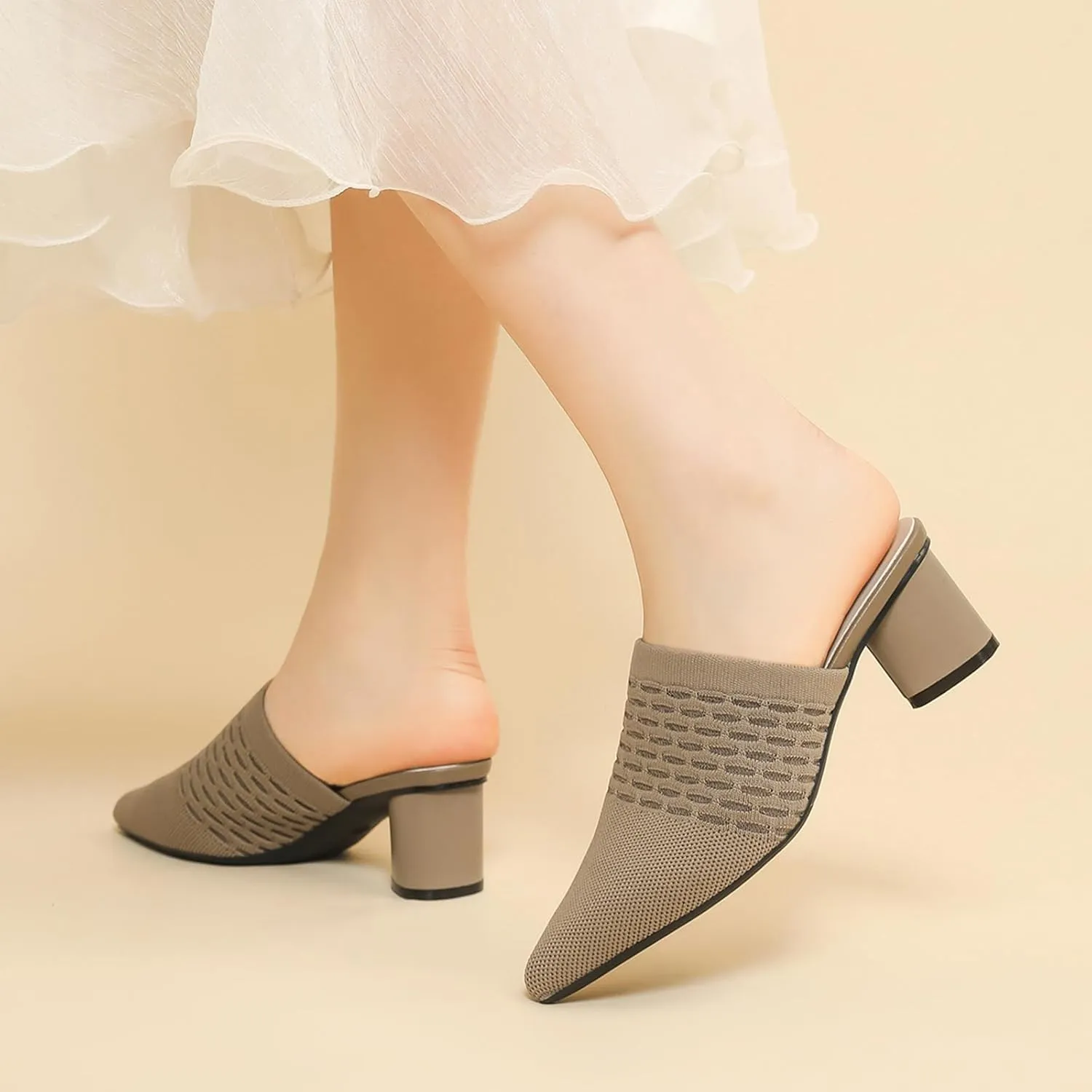 Zeberfi Women's Knit Closed Pointed Toe Low Chunky Heel Mules Fashion Mesh Breathable Slingback Slip-on Pumps Sandals Summer Comfortable Prom Party Dress Shoes