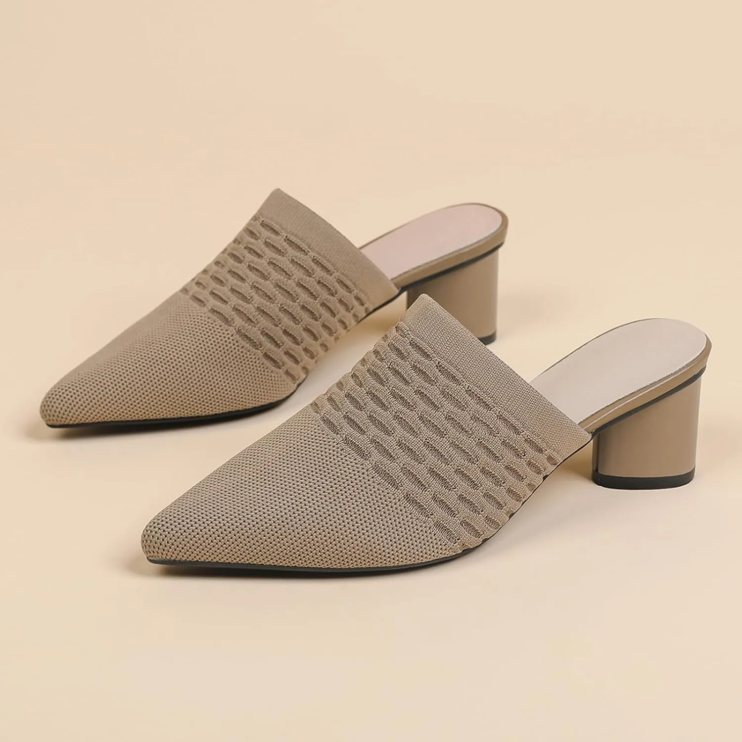 Zeberfi Women's Knit Closed Pointed Toe Low Chunky Heel Mules Fashion Mesh Breathable Slingback Slip-on Pumps Sandals Summer Comfortable Prom Party Dress Shoes