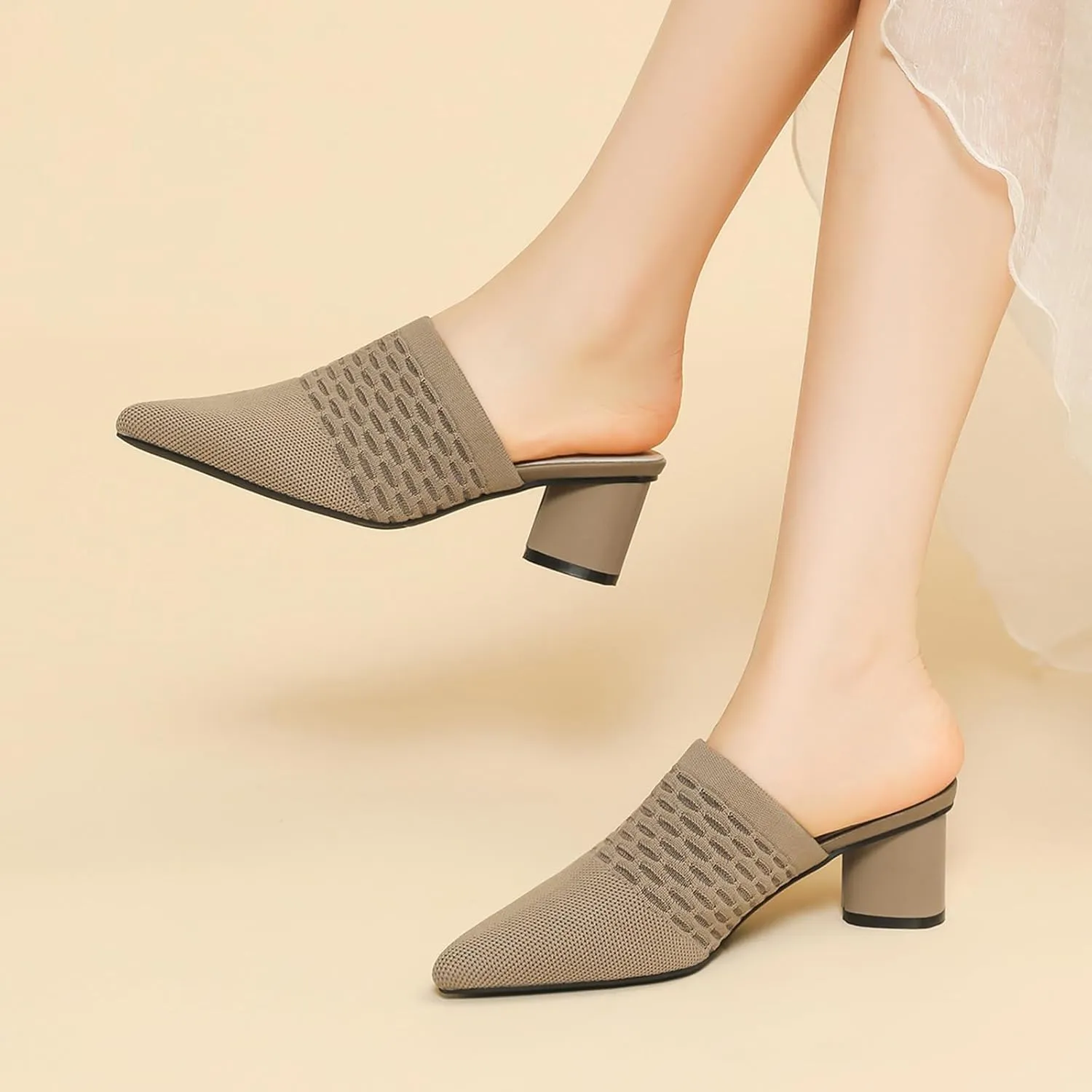 Zeberfi Women's Knit Closed Pointed Toe Low Chunky Heel Mules Fashion Mesh Breathable Slingback Slip-on Pumps Sandals Summer Comfortable Prom Party Dress Shoes