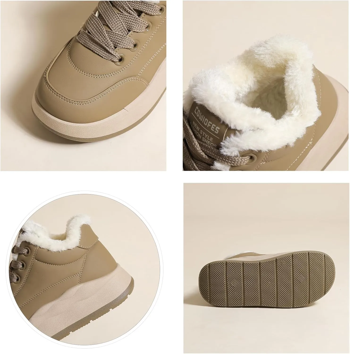 Zeberfi Women's Platform Fur Lined Leather Casual Snow Boots Winter Warm Lace Up Round-Toe Thick Soft Sole Fashion Sneakers Waterproof Lightweight Comfortable Walking Shoes