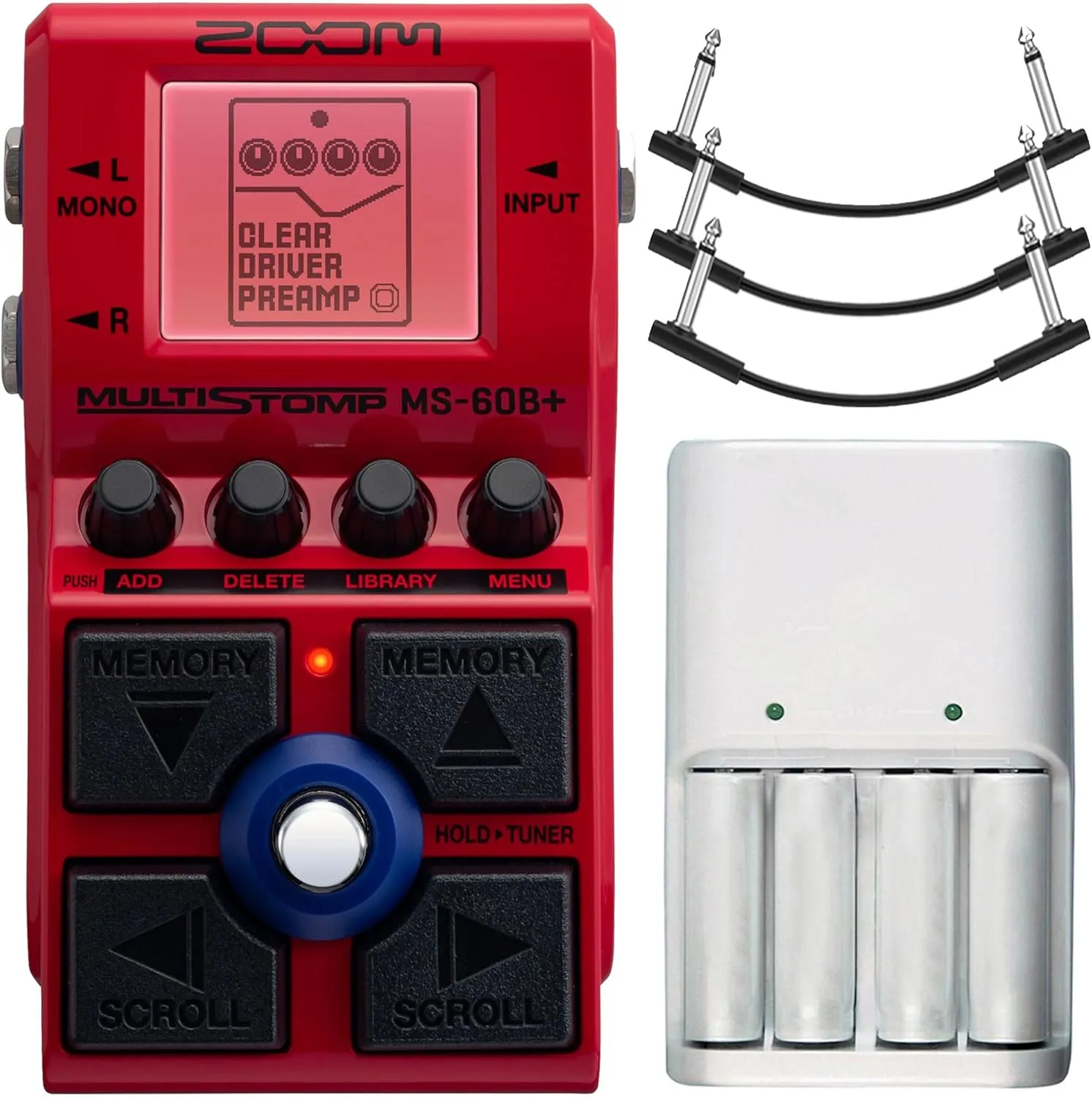 Zoom MS-60B  MultiStomp Multi-FX Bass Pedal   Pig Hog Lil' Pigs Right Angle to Right Angle 1/4" Instrument Patch Cables   Xtreme Power Series 4AA/AAA Battery Charger
