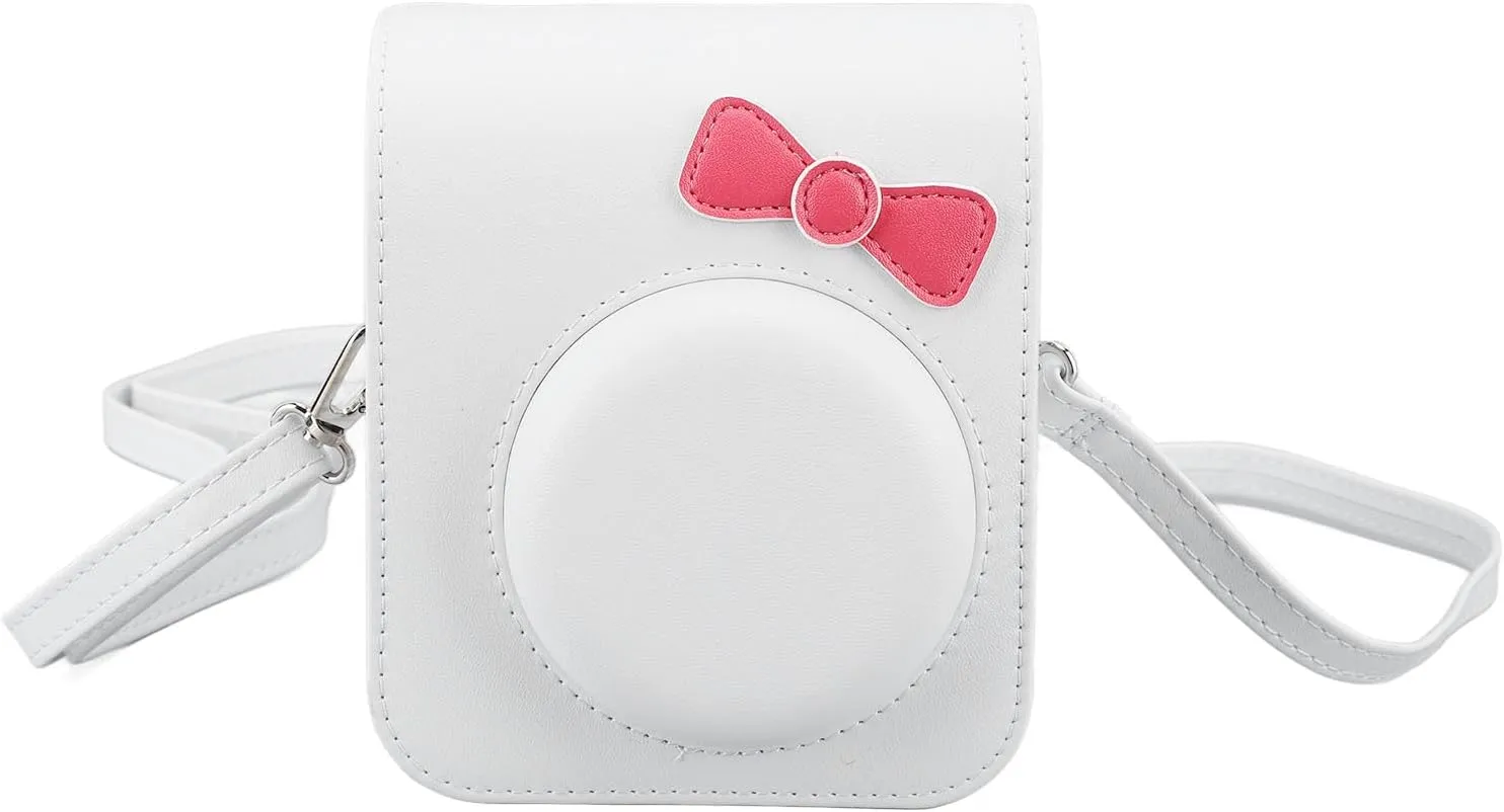 Zopsc Camera Case for Mini 12, Cute Bow Tie PU Leather Protective Case for Mini 12 Instant Camera, Portable Camera Bag with Adjustable Shoulder Strap for Kids (White)