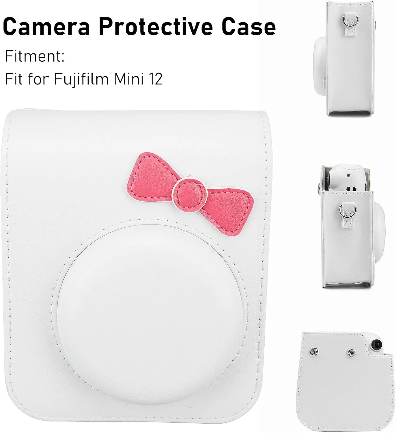Zopsc Camera Case for Mini 12, Cute Bow Tie PU Leather Protective Case for Mini 12 Instant Camera, Portable Camera Bag with Adjustable Shoulder Strap for Kids (White)